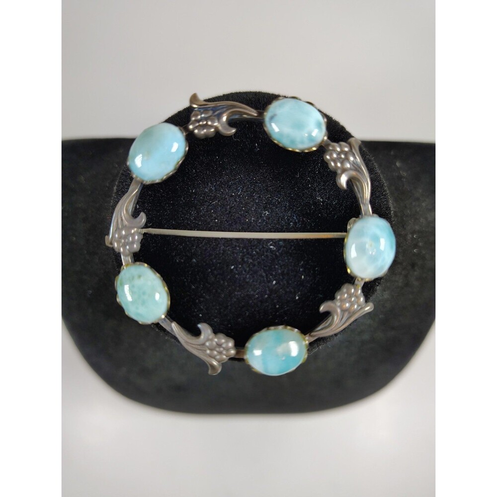 RARE Vtg Sassen Larimar Cabochon 925 Sterling Silver Brooch Dominican Atlantis